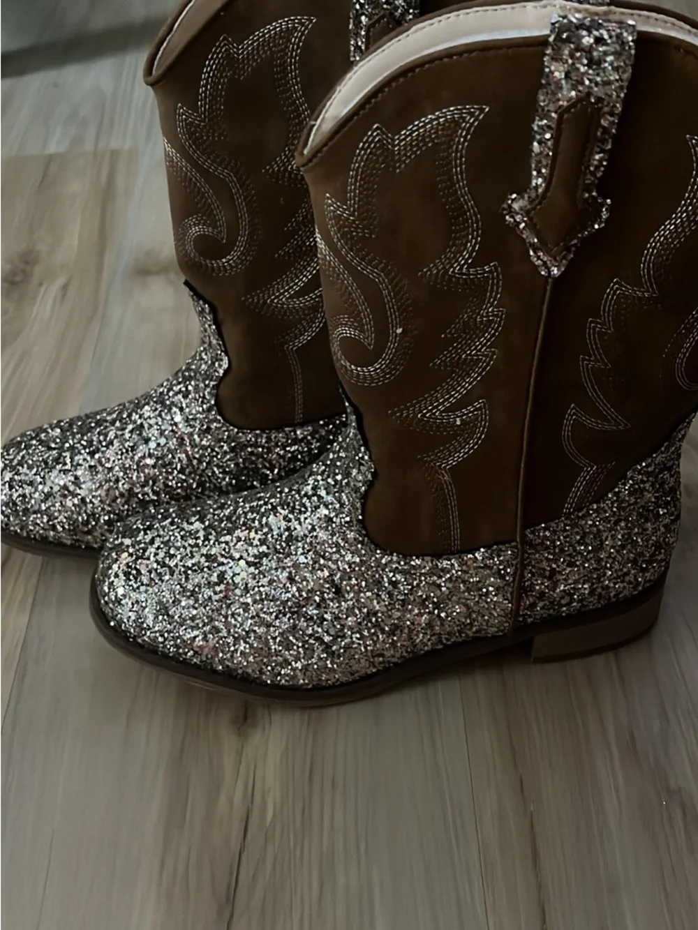 Kids Brown Glitter Cowgirl Boots with Silver Sparkle